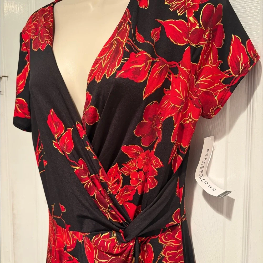 Perceptions NY NWT Floral Faux Wrap Midi Dress Medium Black Red Wedding Guest - Picture 1 of 11